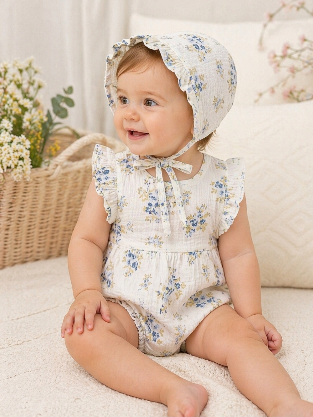 Baby Girl Muslin Floral Romper & Bonnet 18-24M Cottagecore